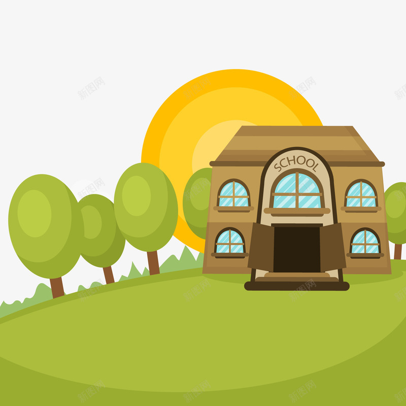草地上的学校建筑物png免抠素材_88icon https://88icon.com 太阳 学校 建筑物 树木 绿色草地 背景装饰