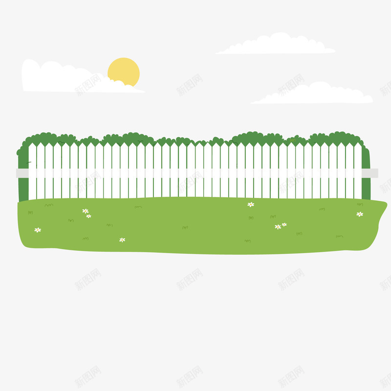 白色栅栏矢量图eps免抠素材_88icon https://88icon.com 太阳 扁平 栅栏 白色 绿树 绿色 草原 草地 装饰 矢量图