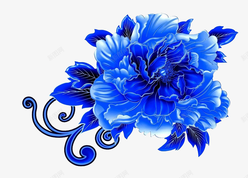 蓝色牡丹花psd免抠素材_88icon https://88icon.com 牡丹花 素材 蓝色 青花