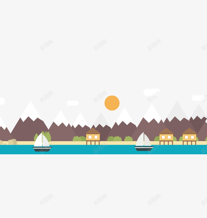 山川河流矢量图ai免抠素材_88icon https://88icon.com 免扣png素材 免费png素材 太阳 小船 山峰 木屋 矢量图