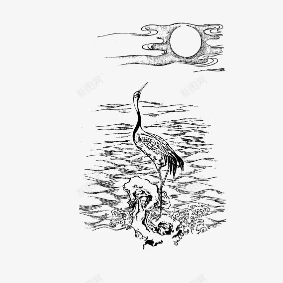神鹤望月png免抠素材_88icon https://88icon.com 月亮 波浪 神鹤