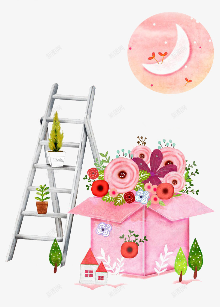 礼物和花朵png免抠素材_88icon https://88icon.com 月亮 梯子 礼物 花朵