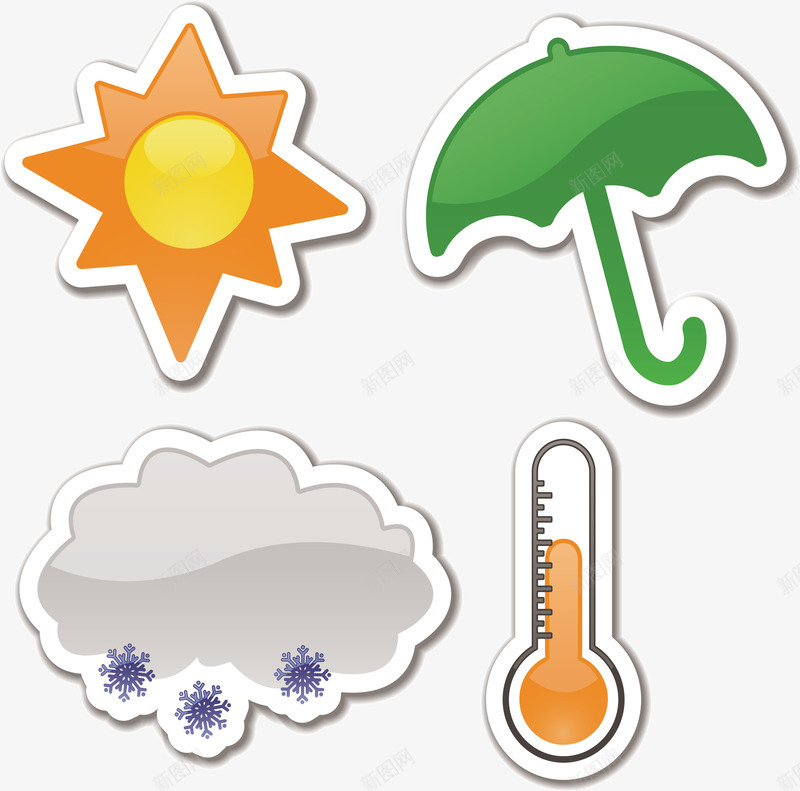 精美天气贴纸矢量图ai免抠素材_88icon https://88icon.com 天气 太阳 温度计 贴纸 雨伞 雪花 矢量图