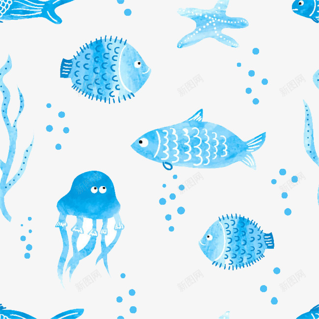 水彩画海洋动物png免抠素材_88icon https://88icon.com 卡通鱼 水母 海星 红色水母