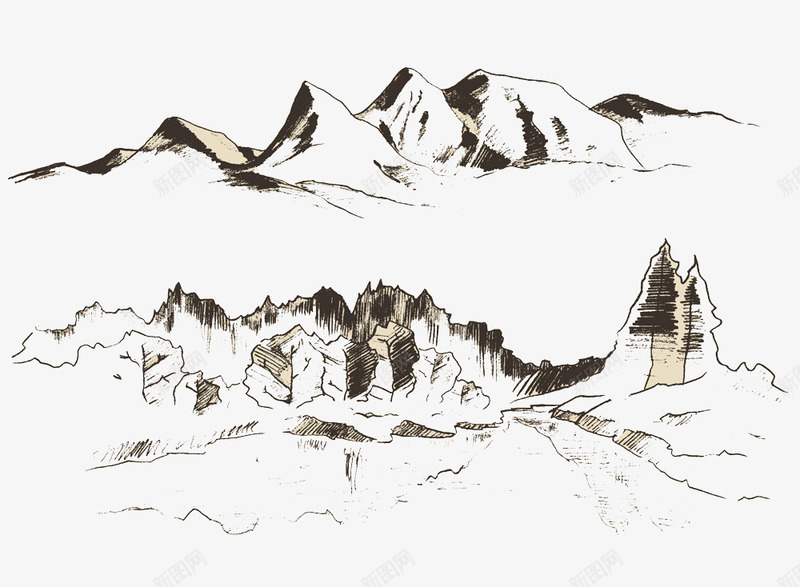 山峰美景雕版画png免抠素材_88icon https://88icon.com 山峰插画 山峰雕版画 山脉插画 绘画艺术