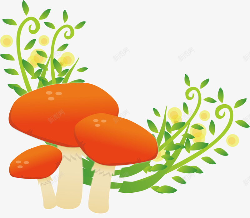 卡通蘑菇藤蔓png免抠素材_88icon https://88icon.com 卡通蘑菇 红色蘑菇 绿色植物手绘效果 藤蔓矢量图