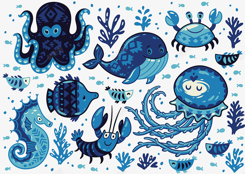 蓝色海洋生物背景图案png免抠素材_88icon https://88icon.com 创意背景图案 时尚花纹背景 蓝色海洋生物