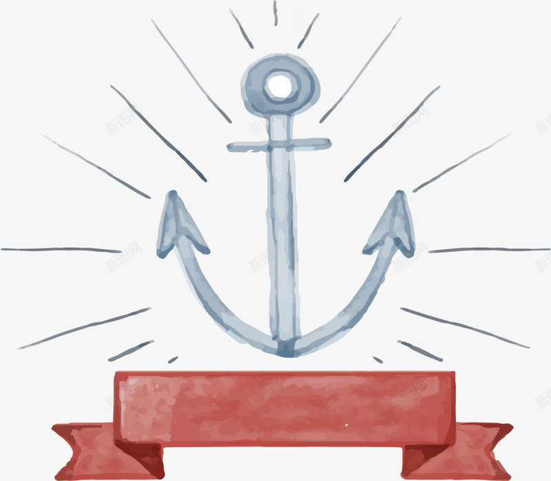 手绘水彩船锚标志矢量图eps免抠素材_88icon https://88icon.com 手绘 海洋 矢量素材 红色彩带 红色横幅 航海 船锚 矢量图