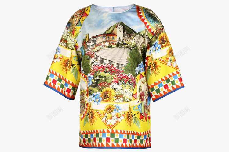 圆领七分袖印花时尚女士T恤png免抠素材_88icon https://88icon.com DolceampGabbana杜嘉班纳 印花时尚 圆领七分袖 夏季真丝 女士T恤 黄色拼色