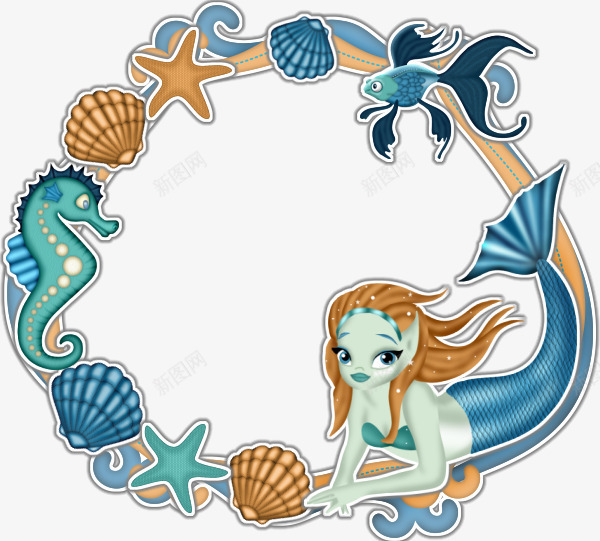 蓝色美人鱼贝壳花边png免抠素材_88icon https://88icon.com 免抠 海洋 海洋生物边框 相框 素材 美人鱼 美人鱼图案 花边 蓝色 贝壳 边框