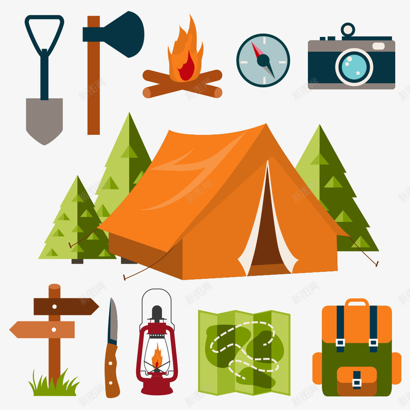 帐篷户外工具png免抠素材_88icon https://88icon.com 户外工具 指示牌 火焰 矢量帐篷 野营 铁铲