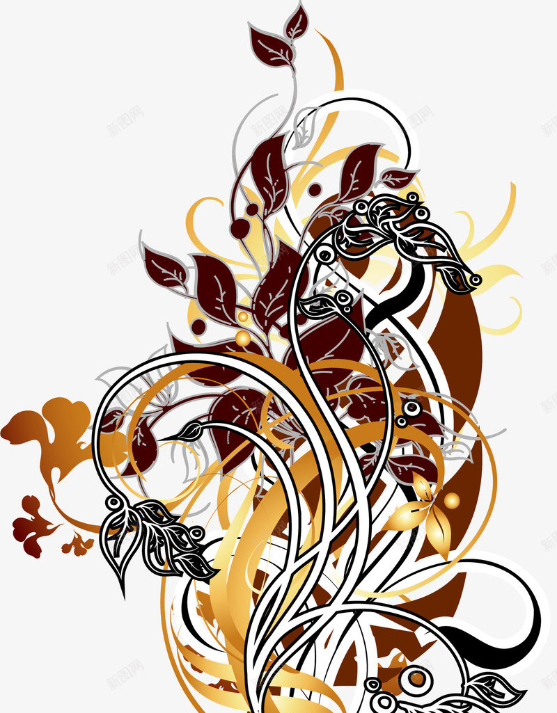 手绘褐色藤叶金色花纹矢量图ai免抠素材_88icon https://88icon.com 手绘 花纹 藤叶 褐色 金色 矢量图