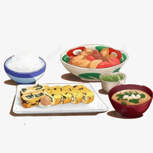 蛋卷米饭套餐手绘画片psd免抠素材_88icon https://88icon.com 土豆肉 手绘美食 白米饭 蔬菜汤 蛋卷