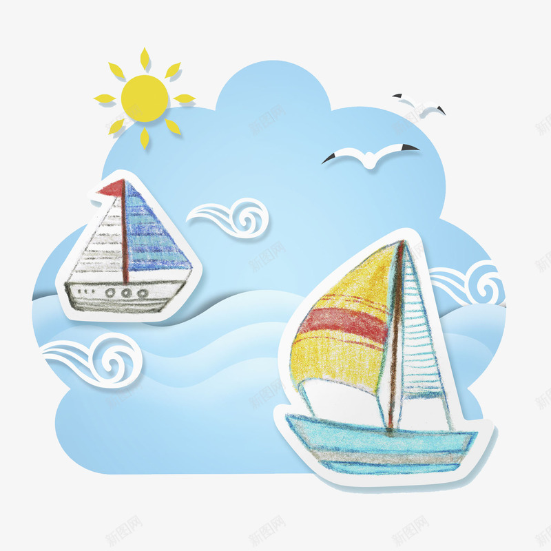 海浪和帆船卡通插画png免抠素材_88icon https://88icon.com Q版白色游艇 夏天 太阳 度假 旅游 海洋 海浪和帆船卡通插画 海鸥 游艇 船 运输交通 鸟