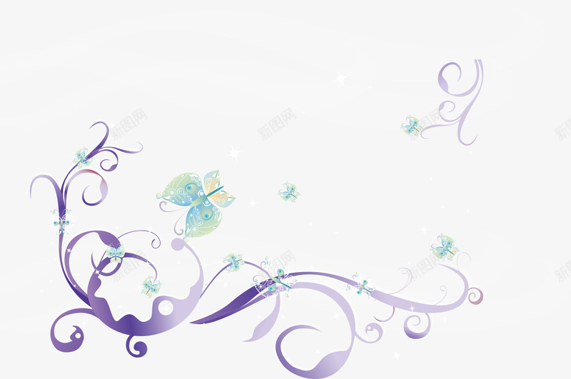 藤蔓蝴蝶矢量图ai免抠素材_88icon https://88icon.com 卷曲 紫色 花纹 藤蔓 矢量图