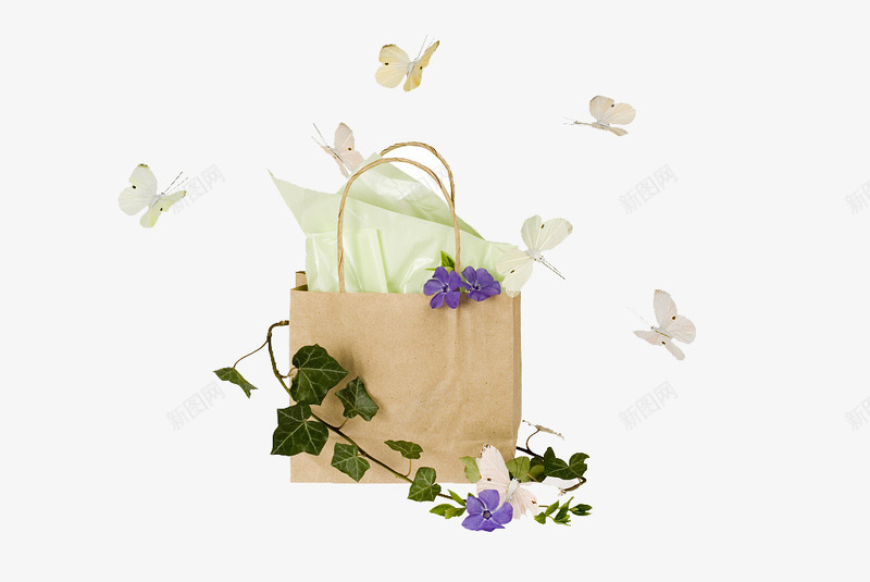 蝴蝶与牛皮纸购物袋png免抠素材_88icon https://88icon.com 创意购物袋 商场购物袋 常春藤 牛皮纸袋 环保购物袋 纸袋 藤蔓 蝴蝶 购物带 购物袋 超市购物袋