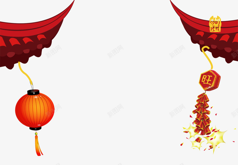 新春装饰灯笼png免抠素材_88icon https://88icon.com 免抠灯笼 免抠炮竹 屋顶 新春装饰 火焰 红色的屋顶 鞭炮