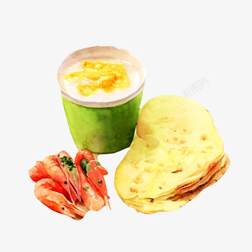 麦片早餐手绘画片psd免抠素材_88icon https://88icon.com 手绘美食 水彩画 爱心饼 虾子 麦片