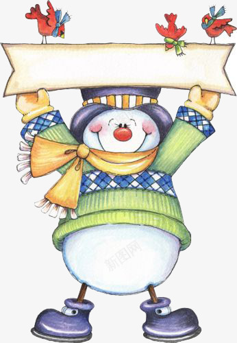 卡通手绘拉条幅的雪人png免抠素材_88icon https://88icon.com 小鸟 手绘 横幅 雪人