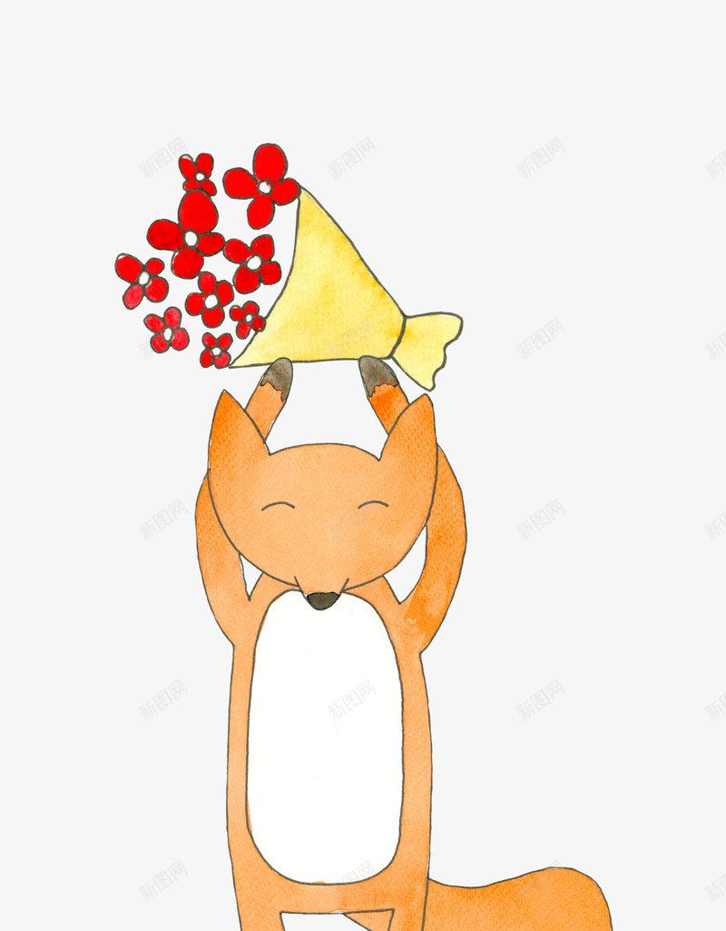 橙色可爱狐狸png免抠素材_88icon https://88icon.com 动物 可爱 手绘 橙色 狐狸 红花 花朵 花束 闭眼睛