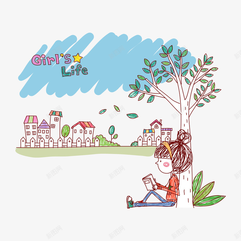 女孩生活插画矢量图ai免抠素材_88icon https://88icon.com 树木 清新 读书 速写 矢量图