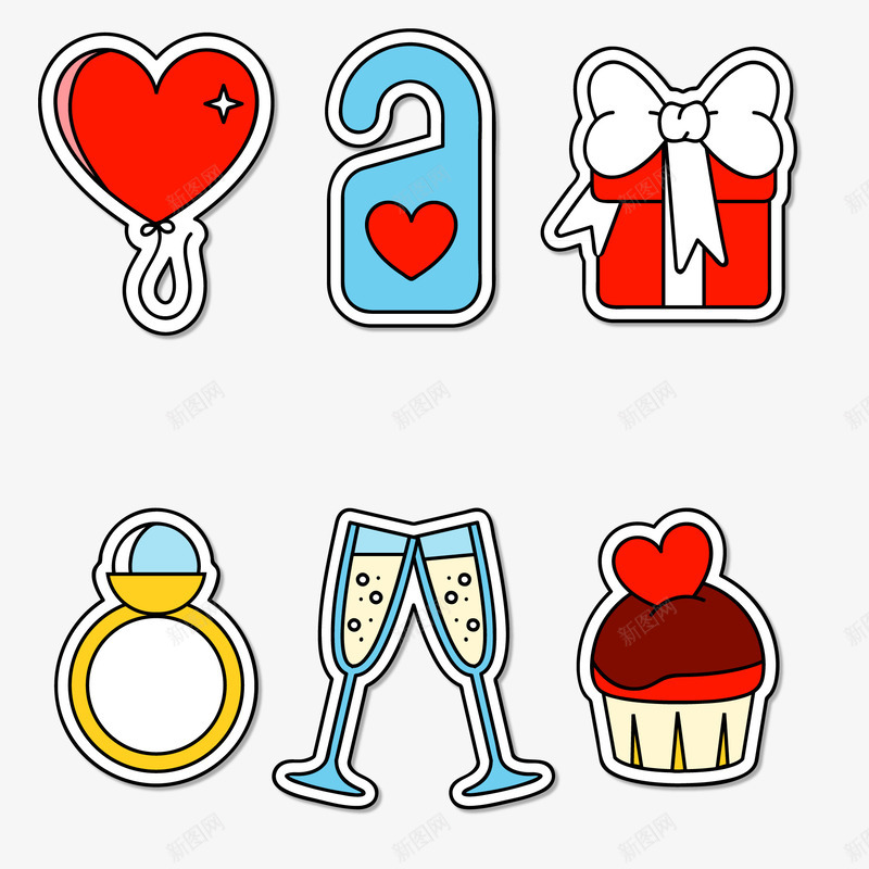 各种手绘浪漫的贴纸矢量图ai免抠素材_88icon https://88icon.com 心气球 戒指 手绘 浪漫 矢量贴纸 礼物 礼盒 酒杯 矢量图