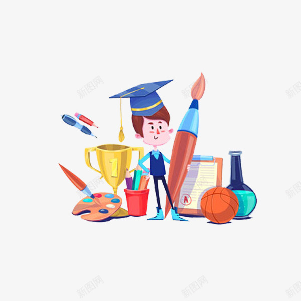 卡通绘画的男孩图png免抠素材_88icon https://88icon.com 博士帽 卡通 奖杯 帅气的 插图 男孩 画笔 篮球