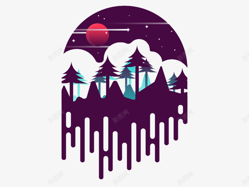 深夜森林插画psd免抠素材_88icon https://88icon.com 插画 树木 森林 紫色