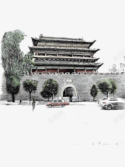 手绘城楼png免抠素材_88icon https://88icon.com 古城 城门 树木 汽车
