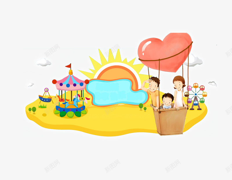 卡通装饰png免抠素材_88icon https://88icon.com 卡通 旋转木马 热气球 黄色