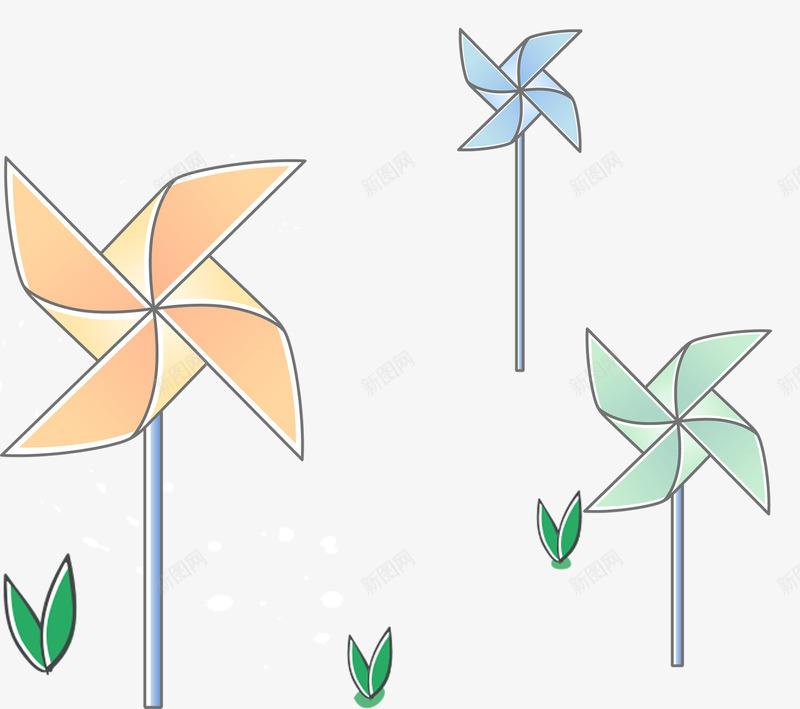 卡通风车png免抠素材_88icon https://88icon.com 三株小草 卡通可爱 大风车 橙色 蓝色
