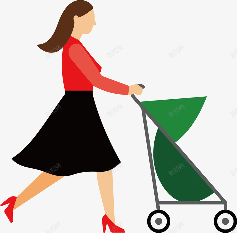 卡通妈妈png免抠素材_88icon https://88icon.com 婴儿车 裙子 走路 遛弯 长头发 高跟鞋