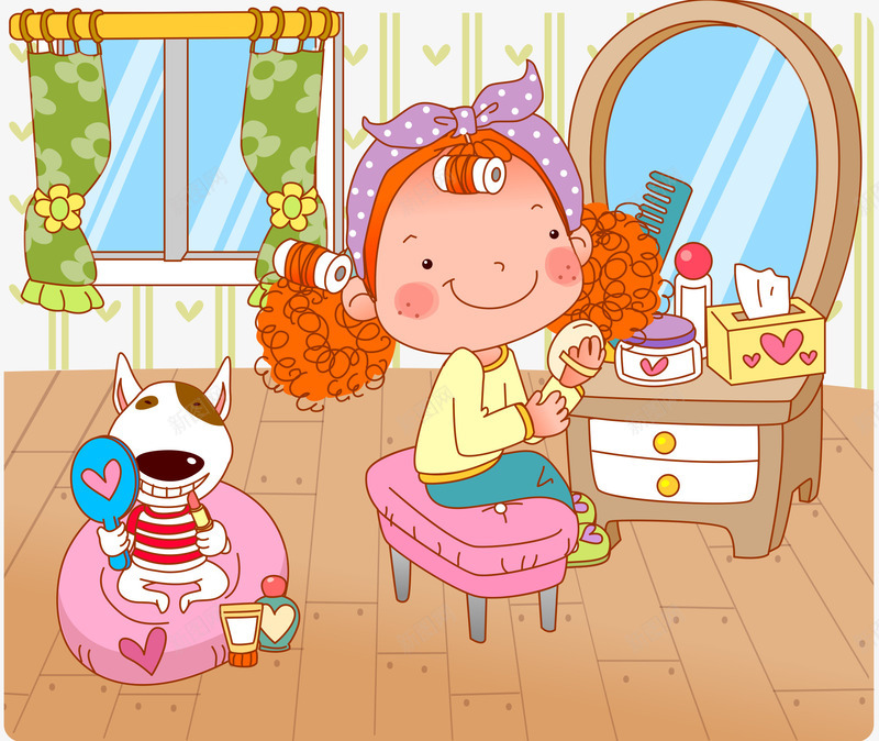 女孩生活插画矢量图ai免抠素材_88icon https://88icon.com 化妆 可爱 女孩 小狗 矢量图