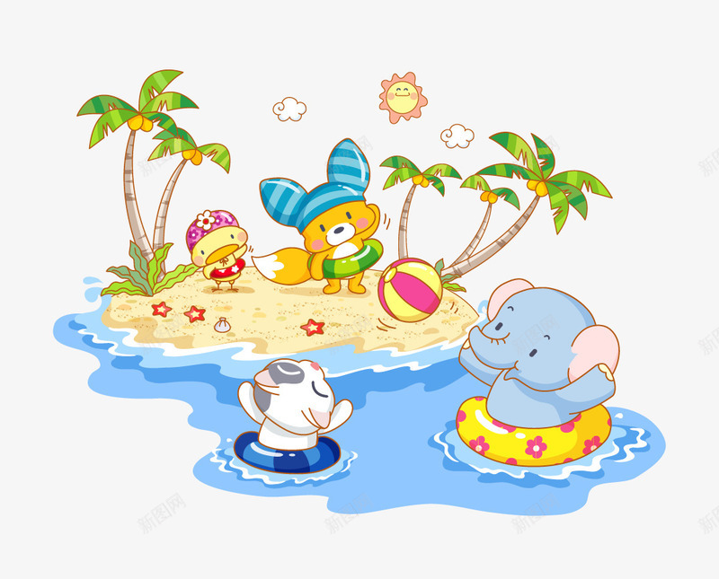 可爱动物生活主题矢量图ai免抠素材_88icon https://88icon.com 可爱动物 大象 沙滩 游泳 生活主题 矢量图