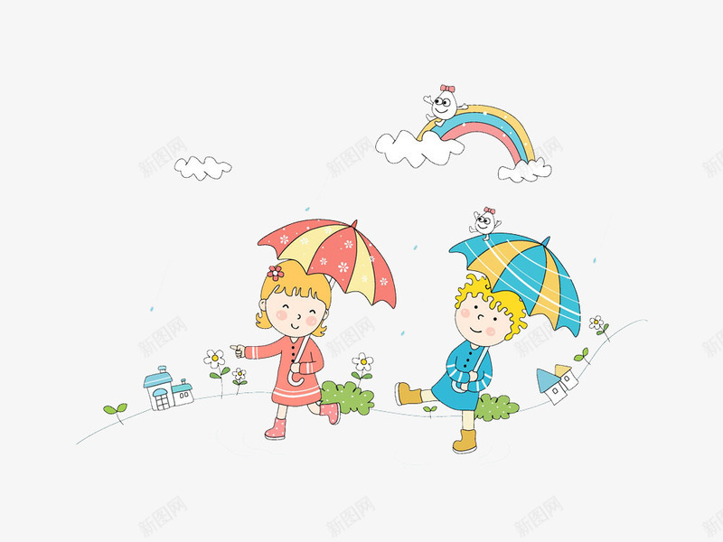 两个打雨伞儿童png免抠素材_88icon https://88icon.com 两个打伞的小孩子 两个打雨伞的卡通儿童 卡通人 卡通小孩 小孩高清免抠素材 彩虹 打伞的孩子 雨伞