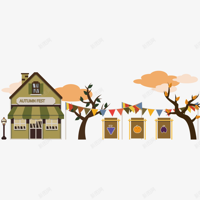 街道小镇矢量图ai免抠素材_88icon https://88icon.com 云朵 彩旗 房子 树木 矢量图