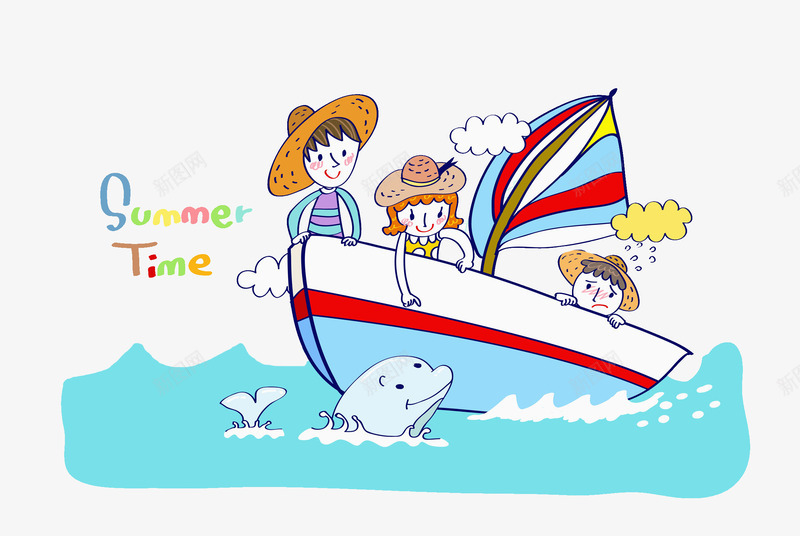 出海的小孩png免抠素材_88icon https://88icon.com 卡通 可爱的 小船 海豚 红色的 蓝色的 风帆