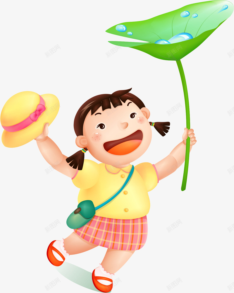 拿荷叶的女孩矢量图ai免抠素材_88icon https://88icon.com AI 儿童 卡通 夏天 女孩 孩子 帽子 手绘 荷叶 矢量图