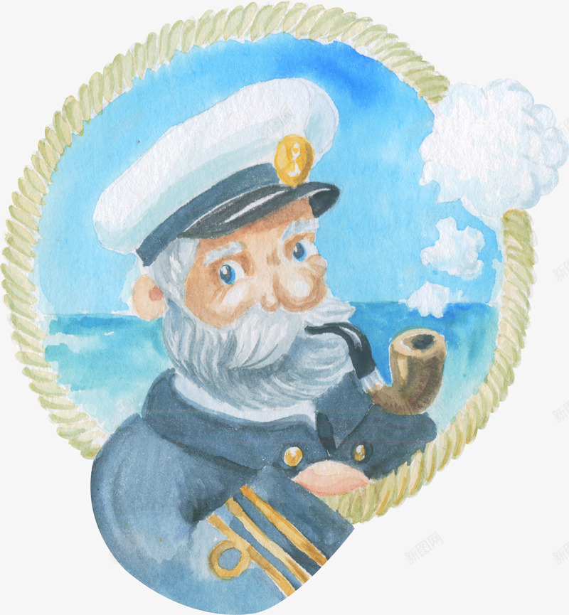 手绘圆环里的老船长png免抠素材_88icon https://88icon.com captain 动漫动画 卡通手绘 帽子 海水 烟袋 烟雾 老船长 装饰图