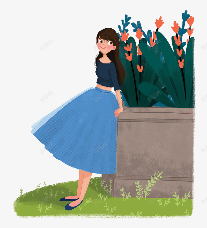 靠着花坛的女孩png免抠素材_88icon https://88icon.com 创意设计 卡通卡片 手绘插画 秋日小镇