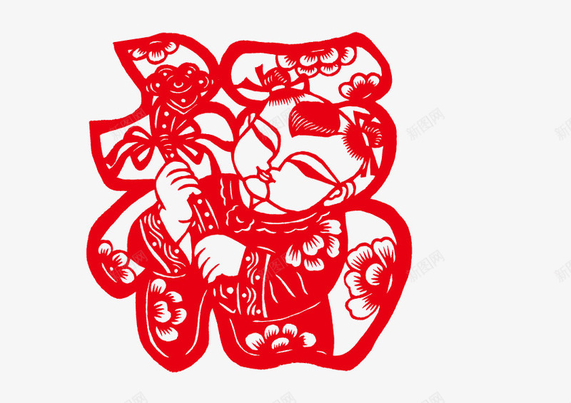 中国风小孩子福字剪纸png免抠素材_88icon https://88icon.com 剪纸 小孩子 新年 春节 福字 窗花设计 红色 过年
