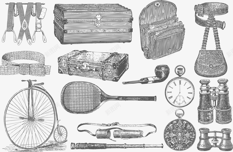 复古生活用品矢量图ai免抠素材_88icon https://88icon.com 水壶 腰带 行李箱 矢量图
