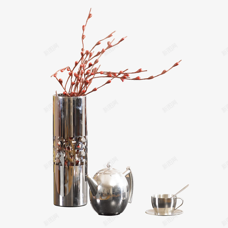 不锈钢茶壶茶杯花瓶png免抠素材_88icon https://88icon.com 不锈钢 桃花枝 茶壶 茶杯