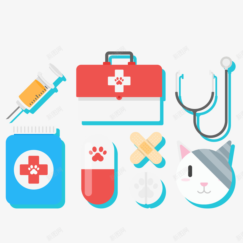 精致宠物医院png免抠素材_88icon https://88icon.com 创可贴 听诊器 宠物医院 急救箱 猫咪 针筒