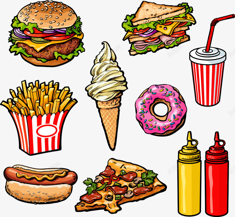 饮料和汉堡矢量图ai免抠素材_88icon https://88icon.com 卡通汉堡 汉堡 热狗 矢量汉堡 薯条 饮料 矢量图