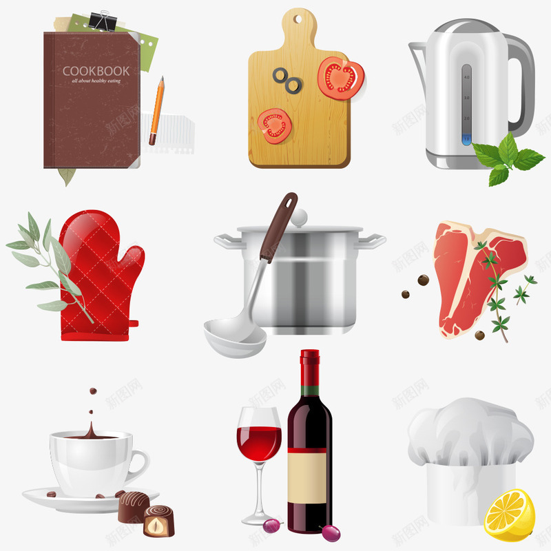 厨房用品png免抠素材_88icon https://88icon.com 厨师帽 厨房用品 咖啡 手套 柠檬 红烧肉 红酒 菜板 锅