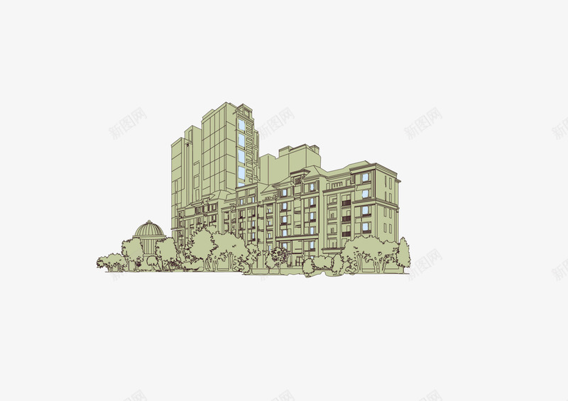 绿色的现代建筑psd免抠素材_88icon https://88icon.com 建筑 手绘 现代 社区