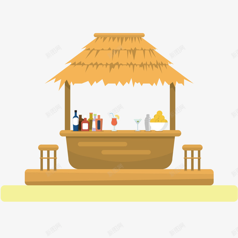 路边的饮料店矢量图ai免抠素材_88icon https://88icon.com 扁平化 扁平化元素 椅子 矢量图 茅草 饮料 饮料店卡通 黄色