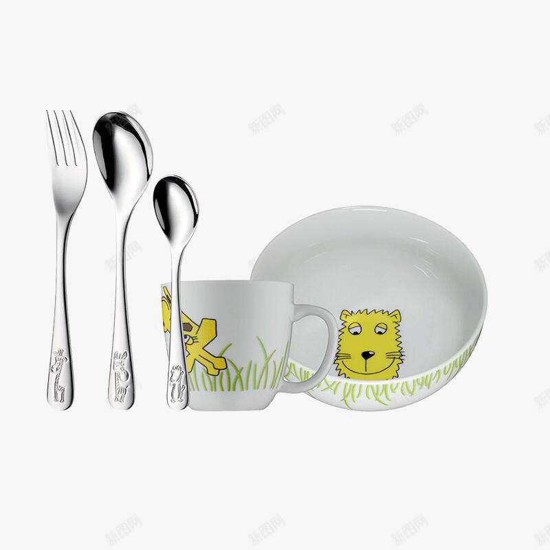 儿童餐具5件png免抠素材_88icon https://88icon.com 产品实物 勺子 宝宝碗
