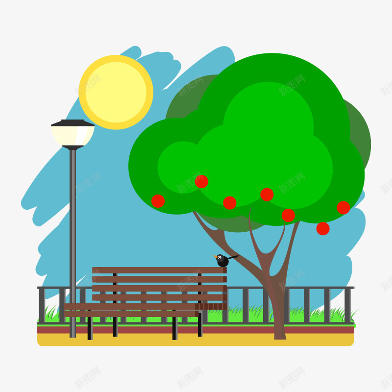灯光下的长椅矢量图ai免抠素材_88icon https://88icon.com 公园 果实 树木 路灯 矢量图